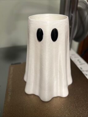 3-D printed Koozie White Ghost Sculptural Vase with Black Accent Eyes (Alani)
